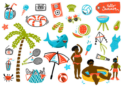 Summer design elements and a set of props for a photo studio. palm tree, ice cream, inflatable shark circle, glasses, negroes, children's pool. cartoon. hand drawing. vector illustration
