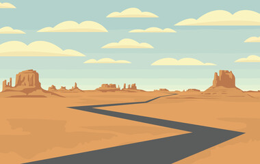 Decorative landscape with an empty road in the desert with mountains and clouds in blue sky. Vector illustration of a road in form of broken line running through the barren American scenery