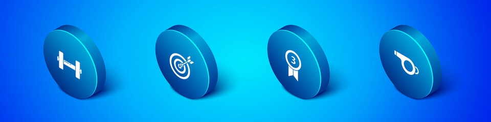 Set Isometric Dumbbell, Medal, Whistle and Target with arrow icon. Vector