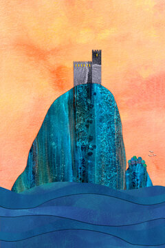 Castle Rock by day, a watercolour collage