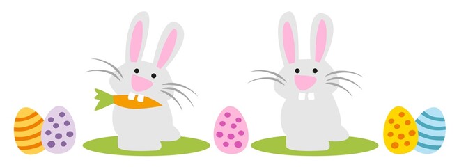 Niedliche Osterhasen mit Möhre und bunten Ostereiern für Kinder