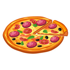 Pizza isometric with slice and ingredients tomato, salami, cheese, mushrooms. Vector illustration