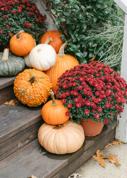 Southern fall porch decorated with mums