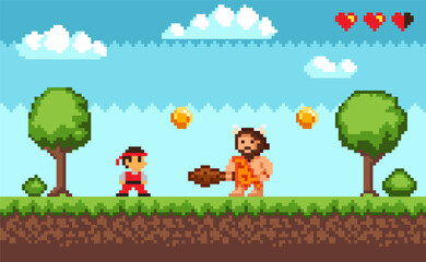 Obraz na płótnie Canvas Pixel game battle scene with ninja dressed in kimono and caveman wearing animal pelt with baton