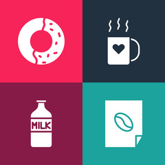 Set pop art Coffee poster, Bottle with milk, cup and heart and Donut sweet glaze icon. Vector