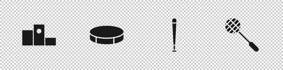 Set Award over sports winner podium, Hockey puck, Baseball bat and Tennis racket icon. Vector