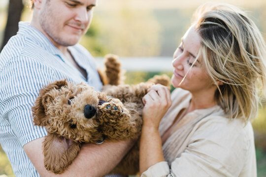Couple cuddle and hold their puppy