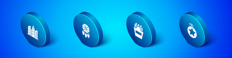 Set Isometric City landscape, Potatoes french fries in box, Canteen water bottle and Dream catcher with feathers icon. Vector