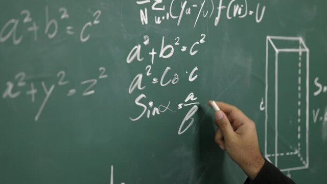 Education background concept. Close up male hand writing mathematical formula on chalkboard.