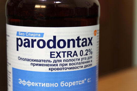 Sochi Russia - March 16 2021: Parodontax - mouthwash for use in inflammation and bleeding gums with chlorhexidine and no spirit