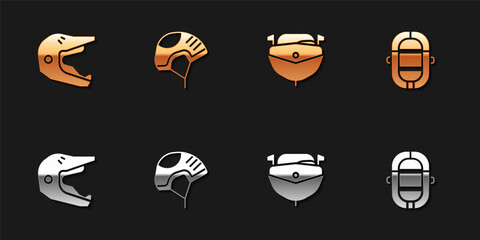 Set Motocross motorcycle helmet, Helmet, Speedboat and Rafting icon. Vector