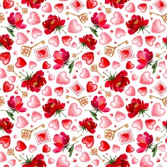 Romantic vintage pattern.  Valentine's day and wedding watercolor hand drawn illustrations. Different hearts, red flowers peonies, key, stamps. Seamless background