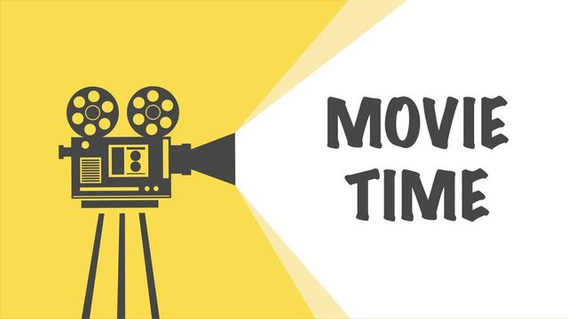 Movie time animated banner with white background for text or ads. Retro camera.