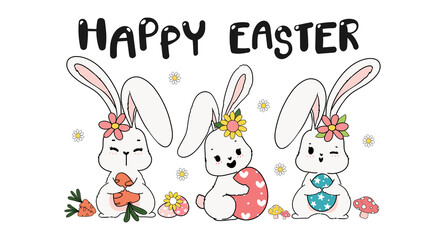 Three triple Spring Easter Bunny Rabbit with Easter egg, carrot and flower, cute doodle cartoon drawing banner
