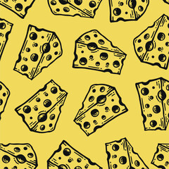 seamless pattern of cheese in doodle vintage style.