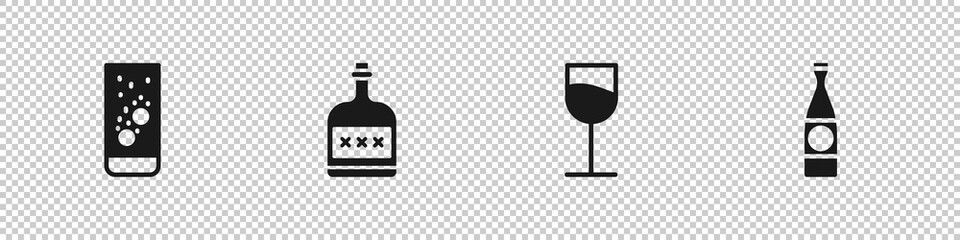 Set Effervescent tablets in water, Alcohol drink Rum bottle, Wine glass and Beer icon. Vector