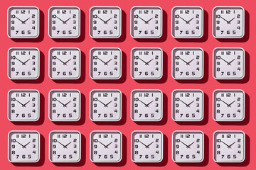 white clocks on a red background