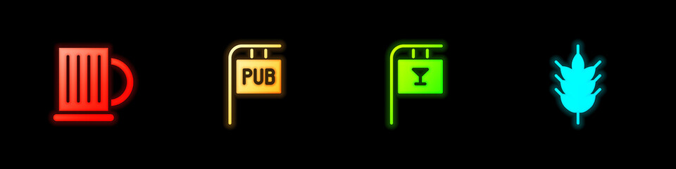 Set Wooden beer mug, Street signboard with Pub, Bar and Hop icon. Vector