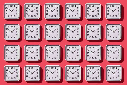 white clocks on a red background