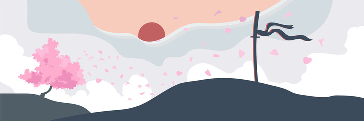 Vektorgrafiken des japanischen Schwertes mit Sakura-Bäumen, Sonne und traditionellem Portal. Perfekt für Aufkleber, Logos, Symbole, Flyer oder andere Designarbeiten