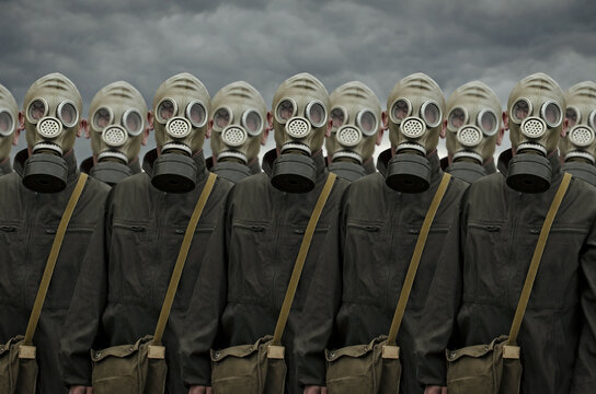 A group of soldiers in gas masks
