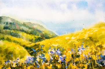 Foto auf Acrylglas Spring landscape. Watercolor botanical hand drawn illustration. Watercolor nature. Sunny landscape with yellow and lilac flowers. Natural background with fields, meadows, forests © Katy's Dreams