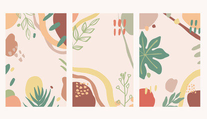 A set of backgrounds with abstract shapes and leaves. Vector illustration for poster, flyer, and design.