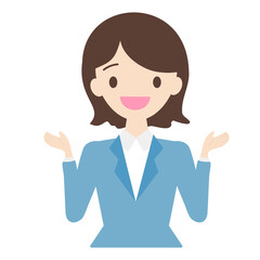 身振り手振りで説明するスーツ姿の笑顔の女性