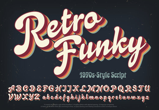 Retro Funky is a soft and plump 1970s style script alphabet with rainbow colored multi shadow layers.