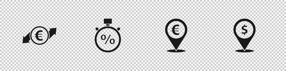Set Financial growth and euro coin, Stopwatch percent, Cash location and icon. Vector