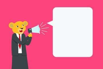 Businesswoman with lion head shouting at empty speech bubble with a megaphone