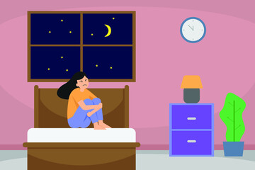 Sleep disorder vector concept: Depressed woman awake in the night, she is exhausted and suffering from insomnia