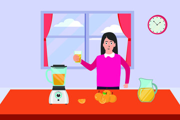 Healthy drink vector concept: Yong woman making orange juice in the kitchen while using blender