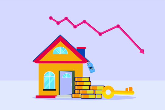 Property value vector concept: Arrow chart down of real estate with price tag and stack of coins 