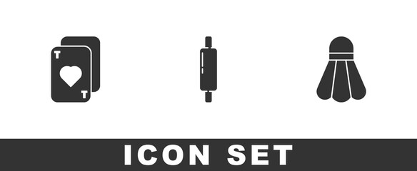 Set Playing cards, Rolling pin and Badminton shuttlecock icon. Vector