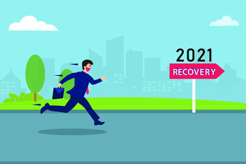Fototapeta na wymiar Business recovery vector concept: Businessman running towards year of 2021 while wearing face mask in new normal