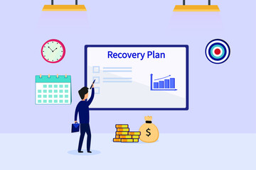 Business recovery vector concept: Businessman writing recovery plan on the white board with chart up arrow