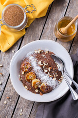 Teff grain porridge with banana topping for breakfast