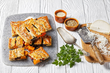American vegetable puff pastry pie with cheese