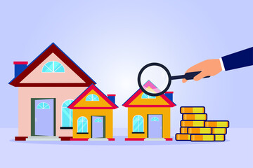 Finding house vector concept: Hand of young man finding new house while using magnifying glass 