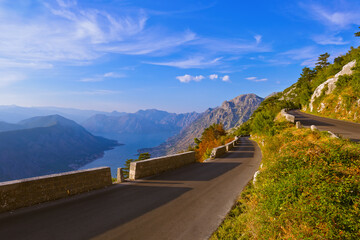 Mountains road and Kotor Bay on sunset - Montenegro