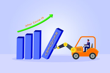 Business recovery vector concept: Young man driving a forklift to recover chart after covid 19 while wearing face mask