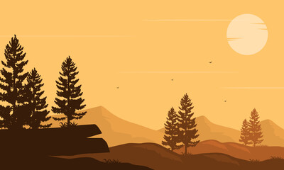 Aesthetically silhouette o f mountains and cypress trees at nightfall in the afternoon. Vector illustration