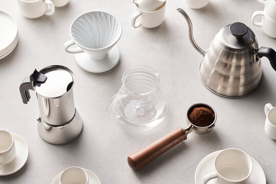 Utensils for coffee brewing on table