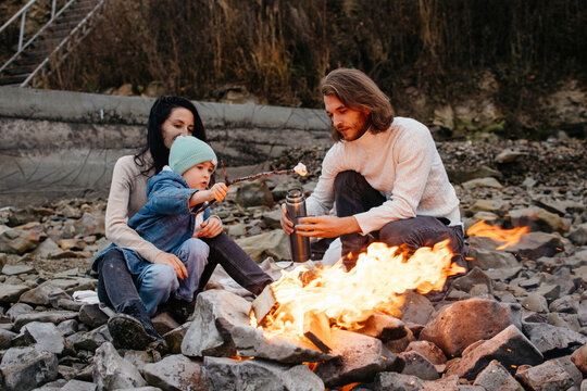 Family portrait with bonfire