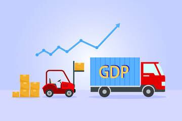 GDP business vector concept: The forklift entering the goods into the truck with GDP word 