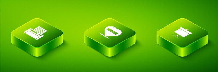 Set Isometric Heart with text work, Chalkboard diagram and Printer icon. Vector