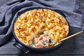 salmon pot pie in a baking dish