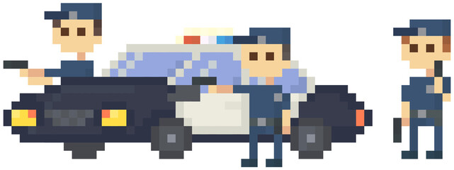 Pixel policemen with pistol near police car. Officers preparing to attack, group of cops fighting