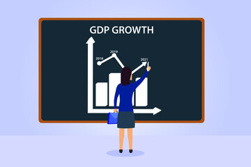 GDP business vector concept: Young businesswoman drawing chart of GDP growth on the blackboard